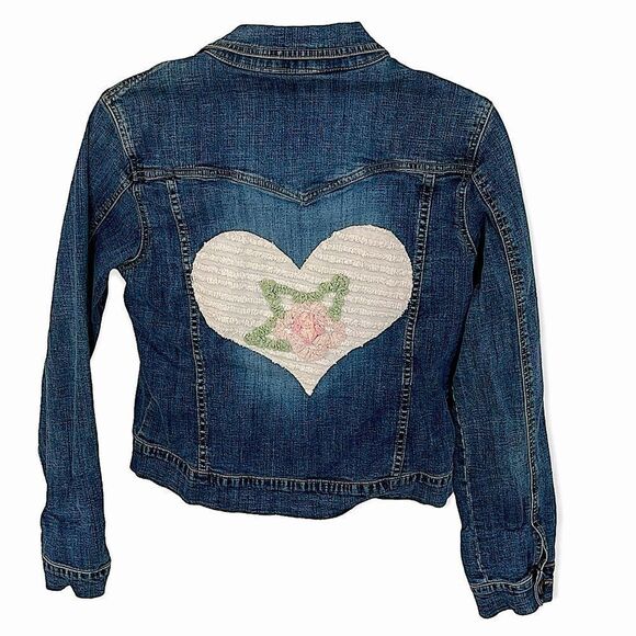 Vintage Upcycled Cottage Core Shabby Chic Denim Cropped Denim Jean Jacket Sz M - Picture 2 of 10